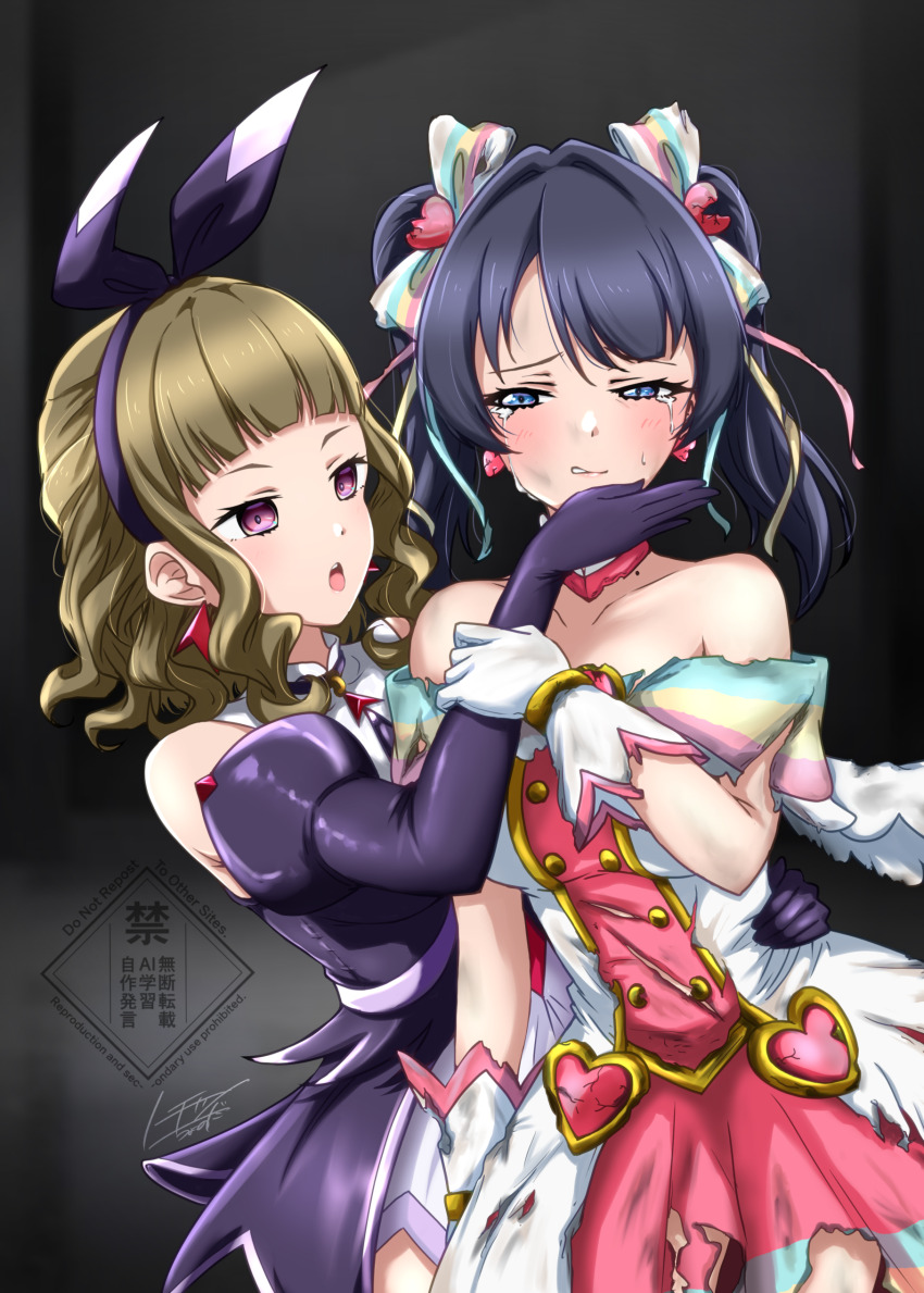 2girls absurdres bare_shoulders black_background black_dress blue_eyes blue_hair blunt_bangs blush brown_hair buttons clenched_teeth collarbone commentary_request cowboy_shot crying crying_with_eyes_open dark_blue_hair double-breasted dress earrings elbow_gloves empty_eyes gloves hair_intakes hair_ribbon half-closed_eyes hand_on_another&#039;s_hip highres jewelry kachimachi_kosuzu kachimachi_kosuzu_(mahou_shoujo_rhythmic_heart) link!_like!_love_live! long_hair looking_at_another love_live! magical_girl mole mole_on_neck multicolored_dress multiple_girls murano_sayaka murano_sayaka_(mahou_shoujo_rhythmic_heart) noochan_chonoda off-shoulder_dress off_shoulder official_alternate_costume official_alternate_hairstyle open_mouth pink_dress pink_eyes ribbon short_dress sidelocks signature sleeveless sleeveless_dress tears teeth torn_clothes torn_dress twintails upper_teeth_only variant_set virtual_youtuber watermark wavy_hair white_dress white_gloves white_ribbon