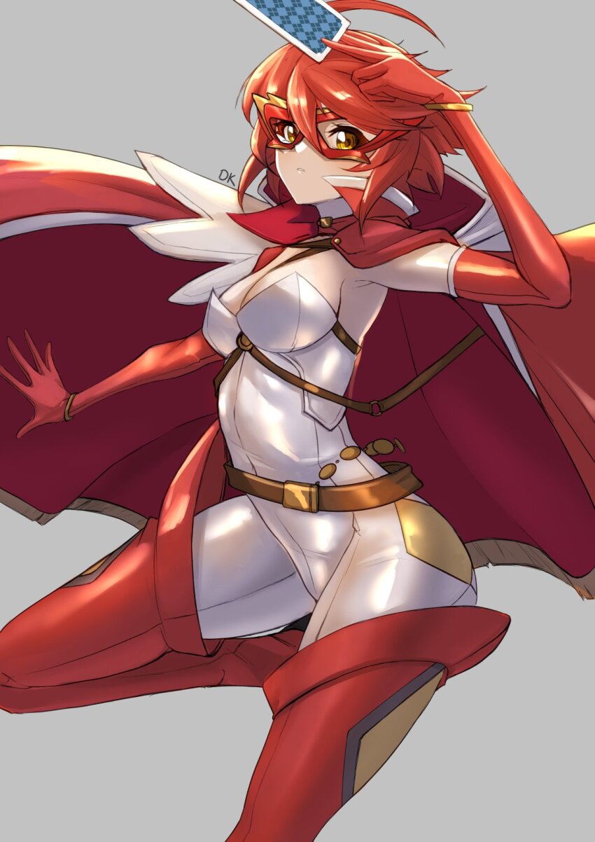 1girl belt bodysuit boots breasts brown_belt cape card cleavage coat coat_on_shoulders cosplay deekei elbow_gloves eye_mask fire_emblem fire_emblem_fates gloves grey_background highres hinoka_(fire_emblem) holding holding_card looking_at_viewer medium_breasts nintendo persona persona_5 phantom_thief playing_card red_boots red_gloves red_hair short_hair silver_bodysuit simple_background solo thigh_boots yellow_eyes yoshizawa_kasumi yoshizawa_kasumi_(cosplay)