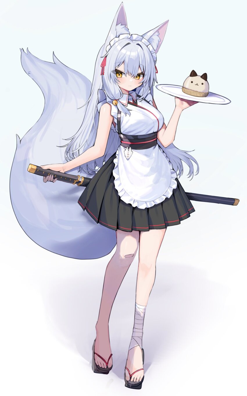 1girl animal_ear_fluff animal_ears apron bandages bandaid bandaid_on_knee bandaid_on_leg bell black_sandals black_skirt commentary cupcake double-parted_bangs expressionless food fox_ears fox_girl fox_tail full_body hair_bell hair_between_eyes hair_ornament hand_on_hilt highres holding holding_plate jingle_bell katana large_tail legs long_hair maid_headdress miniskirt moti_yousei original plate pleated_skirt sandals sheath sheathed skirt solo sword tail very_long_hair weapon white_apron white_background white_hair yellow_eyes