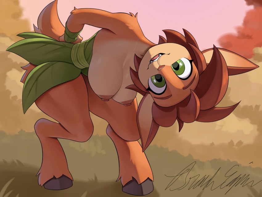 1girl animal_ears breasts deer_ears deer_tail elora_(spyro) faun green_eyes hanging_breasts highres large_breasts nature nipples nude red_eyes short_hair smile spyro_(series) tail