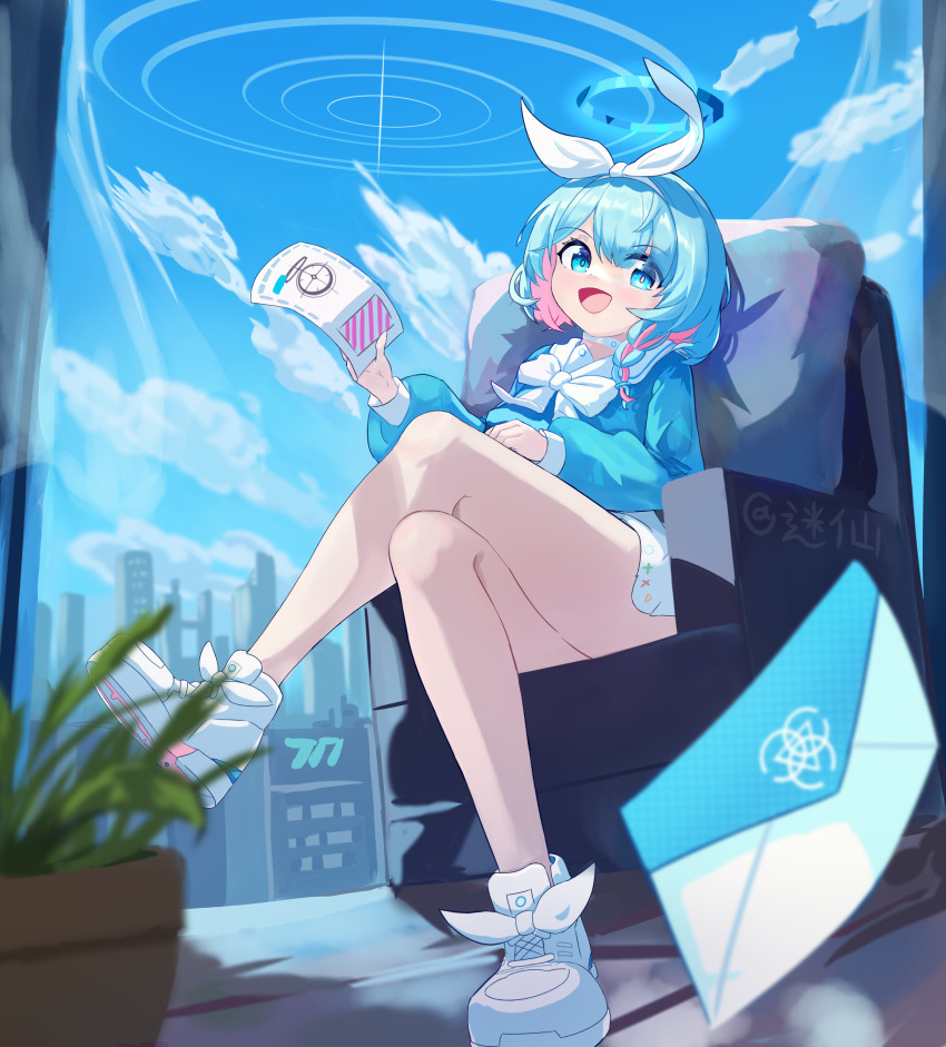 1girl :d absurdres armchair arona_(blue_archive) artist_name blue_archive blue_eyes blue_hair blue_halo blue_shirt blue_sky blurry bow braid bright_pupils chair chinese_commentary choker colored_inner_hair commentary crossed_legs day depth_of_field eyes_visible_through_hair full_body gacha_(game_mechanic) hair_between_eyes hair_bow hairband halo hand_up highres holding holding_paper indoors long_sleeves looking_at_viewer miniskirt mixian multicolored_hair on_chair open_mouth paper pink_hair plant potted_plant puffy_long_sleeves puffy_sleeves sailor_collar school_uniform serafuku shirt shoes short_hair single_braid skirt sky smile sneakers solo tareme thighs white_bow white_choker white_hairband white_sailor_collar white_shoes white_skirt