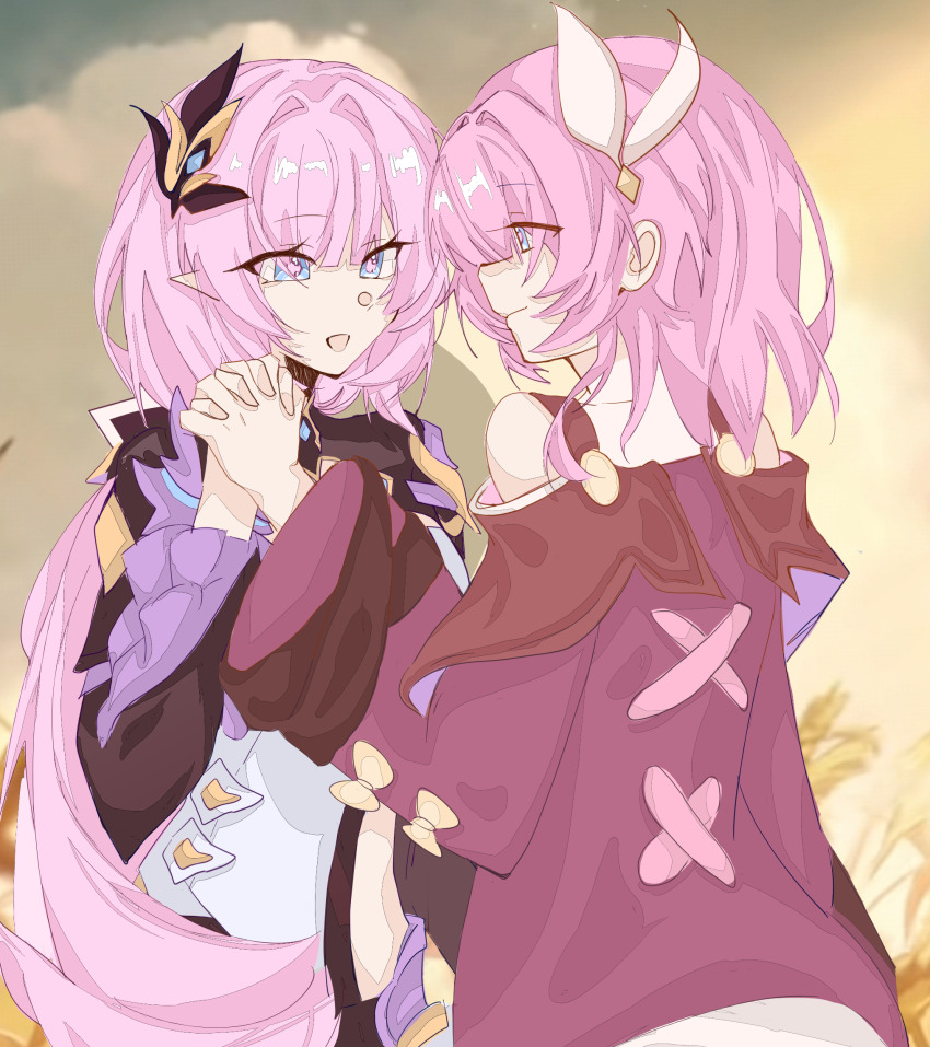 2girls blue_eyes chinese_commentary clothing_cutout color_connection commentary_request company_connection corset cyrene_(honkai:_star_rail) dress elf elysia_(honkai_impact) elysia_(miss_pink_elf)_(honkai_impact) hair_color_connection hair_ornament highres holding_hands honkai:_star_rail honkai_(series) honkai_impact_3rd inoue_marina interlocked_fingers long_hair looking_at_another multiple_girls outdoors pink_hair pointy_ears purple_dress short_hair side_cutout sky voice_actor_connection weixin10771 wheat_field white_corset yanning yellow_sky
