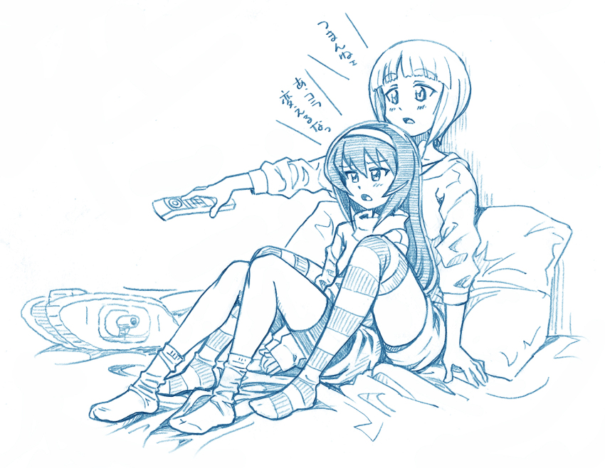 2girls bbb_(friskuser) bed_sheet bike_shorts blonde_hair blue_theme blunt_bangs blush bob_cut casual clothes_lift controller cutlass_(girls_und_panzer) girls_und_panzer hairband holding holding_remote_control long_hair long_sleeves mark_iv_tank military military_vehicle monochrome motor_vehicle multiple_girls on_bed open_mouth pillow reizei_mako remote_control shirt_lift short_hair short_shorts shorts socks striped_clothes striped_legwear striped_thighhighs stuffed_toy tank thighhighs yuri