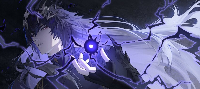 1boy black_gloves black_hair black_shirt commentary duet_night_abyss fingerless_gloves gloves grey_eyes hair_between_eyes long_hair male_focus mole mole_under_eye niahti purple_theme shirt solo very_long_hair white_hair yuming_(duet_night_abyss)