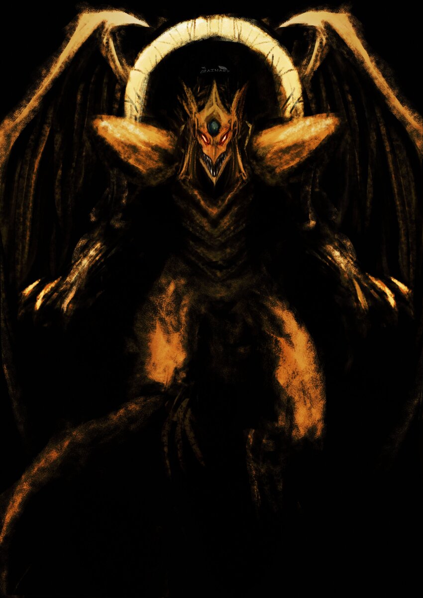 absurdres claws colored_skin commentary crain1art dragon english_commentary forehead_jewel full_body highres monster no_humans open_mouth sharp_teeth tail teeth the_winged_dragon_of_ra wings yellow_eyes yu-gi-oh!