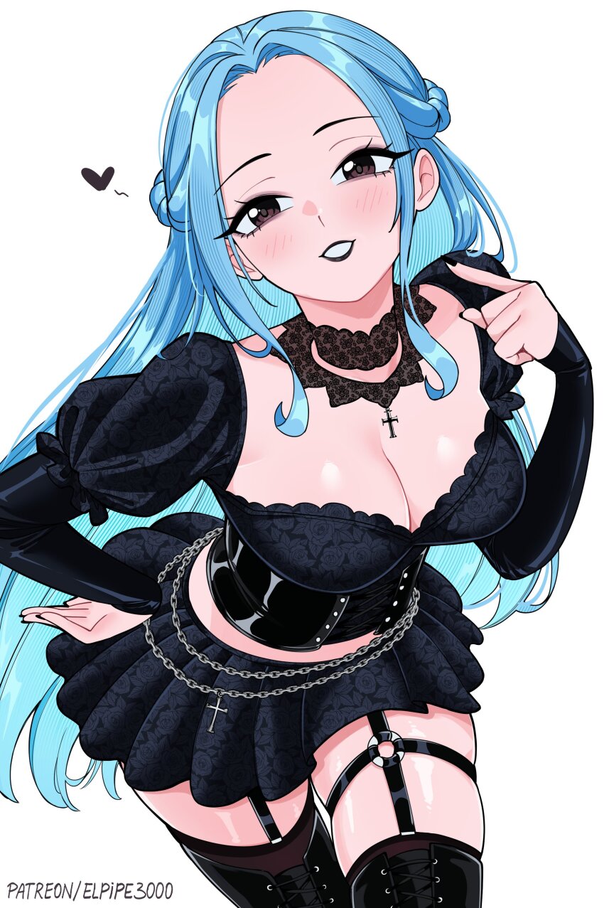 1girl absurdres black_choker black_lips black_nails black_skirt black_thighhighs blue_eyes breasts brown_eyes choker cowboy_shot elpipe_3000 goth_fashion heart highres large_breasts long_hair nefertari_vivi one_piece patreon_username simple_background skirt smile solo thighhighs thighs white_background zettai_ryouiki