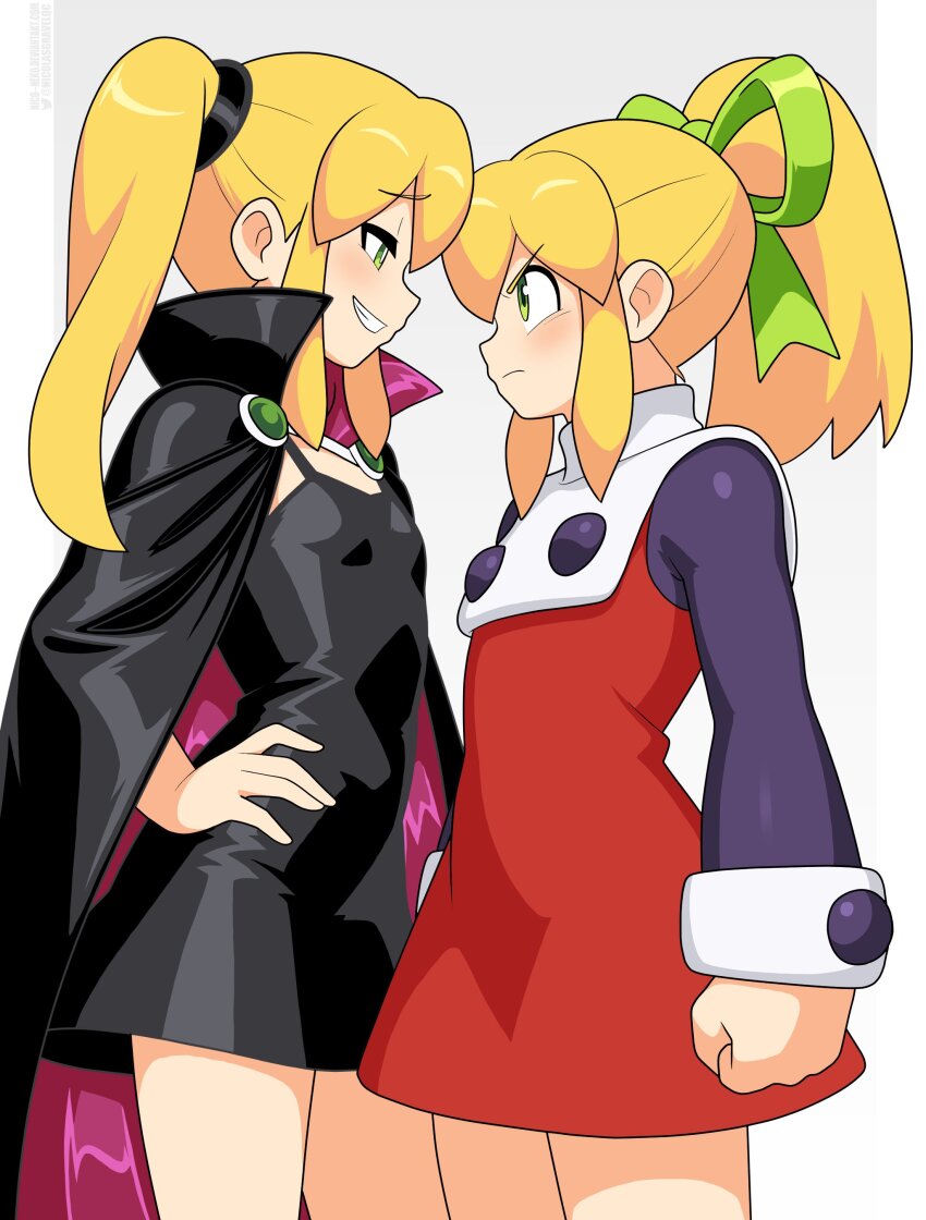 2girls absurdres black_cape black_dress blonde_hair breasts cape clenched_hand clone cowboy_shot dress face-to-face from_side green_eyes grey_background hand_on_own_hip high_ponytail highres mega_man_(classic) mega_man_(series) multiple_girls nico-neko ponytail profile red_dress roll_(mega_man) serious short_dress side_ponytail simple_background small_breasts smile