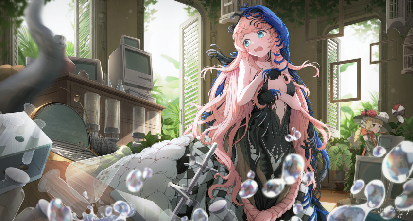 2girls :o absurdres accident apple apple_(reverse:1999) aqua_eyes bare_shoulders birdcage black_bow black_bowtie black_dress black_hands black_veil blonde_hair blue_veil blush bow bowtie breasts bubble cage centauroid chimera chin_strap cleavage collarbone colored_extremities commentary computer dress drill_hair elbow_gloves erlenmeyer_flask flask flower food fruit full_body gloves green_dress green_eyes green_gloves green_hat hat hat_feather hat_flower highres indoors long_hair looking_at_another medium_breasts monitor monster_girl motion_blur multiple_girls nautika_(reverse:1999) open_mouth open_window orange_bow picture_hat pink_hair plant plunging_neckline potted_plant reverse:1999 shelf sidelocks sitting sleeveless sleeveless_dress sotheby standing strapless strapless_dress taur test_tube twin_drills two-tone_veil veil very_long_hair window zuzu_ame