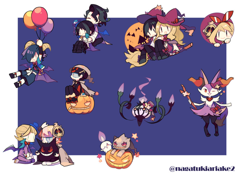 2girls 6+boys alternate_color augustine_sycamore balloon banette black_hair blonde_hair braixen brendan_(pokemon) broom broom_riding brown_hair calem_(pokemon) chandelure chibi chibi_only closed_mouth drifloon duskull eusine_(pokemon) falkner_(pokemon) gen_1_pokemon gen_3_pokemon gen_4_pokemon gen_5_pokemon gen_6_pokemon gengar hair_over_one_eye hat headband highres holding holding_balloon holding_stick jack-o&#039;-lantern jacket litwick mask mask_on_head may_(pokemon) mini_hat morty_(pokemon) multiple_boys multiple_girls nagatsukiariake nintendo one_eye_closed open_mouth pants pokemon pokemon_(creature) pokemon_hgss pokemon_oras pokemon_rse pokemon_xy purple_headband purple_jacket purple_pants serena_(pokemon) shiny_pokemon sidesaddle smile stick stitched_face stitches twitter_username witch_hat