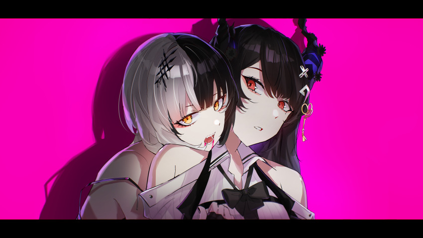 2girls absurdres asymmetrical_horns black_bow black_bowtie black_hair blood blood_from_mouth blood_on_face blue_hair bow bowtie clothing_cutout collared_shirt colored_inner_hair fangs grey_hair hair_ornament highres hololive hololive_english horns kurochanai long_hair looking_at_another multicolored_hair multiple_girls nerissa_ravencroft red_eyes shiori_novella shirt shoulder_cutout single_off_shoulder split-color_hair strap_slip swept_bangs two-tone_hair uneven_horns vampire virtual_youtuber white_shirt yellow_eyes yuri