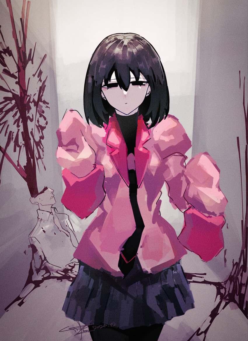 1girl absurdres black_eyes black_hair black_necktie black_pantyhose black_undershirt bob_cut corpse empty_eyes exploded_head floating_neckwear hair_between_eyes highres long_sleeves looking_at_viewer monogatari_(series) naoetsu_high_school_uniform necktie oshino_ougi pale_skin pantyhose pink_shirt school_uniform shirt short_hair skirt sleeves_past_fingers sleeves_past_wrists smile solo th_whitespace very_long_sleeves