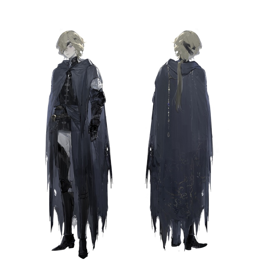 1boy absurdres armor black_armor blindfold blonde_hair blue_cape blue_eyes cape capelet chinese_commentary commentary cuirass full_body gauntlets greaves highres hood hood_down hooded_capelet long_hair looking_at_viewer low_ponytail male_focus meru02295238 multiple_views one_eye_covered original pants ponytail sabaton scar scar_on_face scar_on_lip simple_background torn_cape torn_clothes white_background white_pants