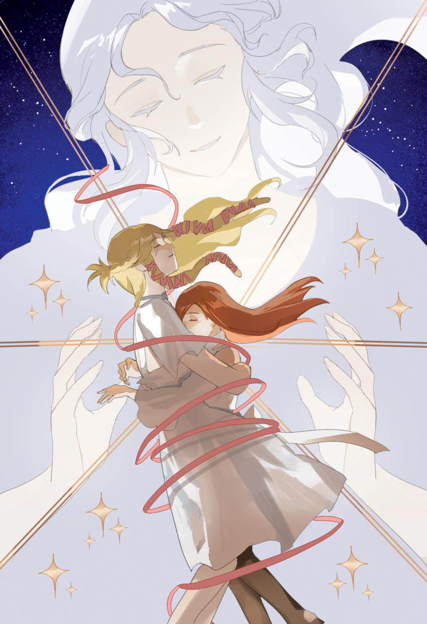 3girls blonde_hair closed_eyes dress feet_out_of_frame final_fantasy final_fantasy_xiv floating_hair hair_ribbon half_updo highres hug long_hair minfilia_warde multiple_girls night night_sky orange_hair pink_ribbon pleasebemine00 ribbon ryne_waters size_difference sky smile sparkle star_(sky) starry_sky venat_(ff14) white_dress white_hair