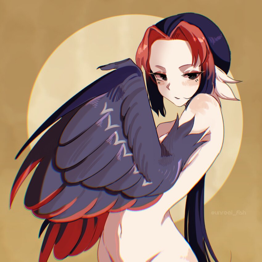 1girl absurdres animal_ears bird_ears black_eyes black_feathers black_hair black_wings blush commentary english_commentary ev_v1l feathered_wings feathers harpy highres long_hair monster_girl multicolored_hair navel nude open_mouth original red_feathers red_hair solo two-tone_background two-tone_hair two-tone_wings very_long_hair winged_arms wings