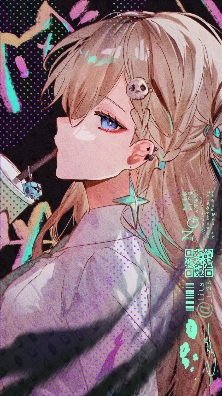 1girl aqua_necktie blonde_hair blue_eyes breasts charm_(object) clang_bang_(wuthering_waves) collared_shirt commentary_request cup disposable_cup drinking_straw drinking_straw_in_mouth ear_piercing earrings from_side hair_ornament highres holding holding_cup jewelry long_hair looking_at_viewer lt26 lynae_(wuthering_waves) making-of_available medium_breasts multicolored_hair necktie objectification piercing portrait profile shirt sideways_glance skull_hair_ornament solo star_(symbol) star_earrings streaked_hair upper_body white_shirt wuthering_waves