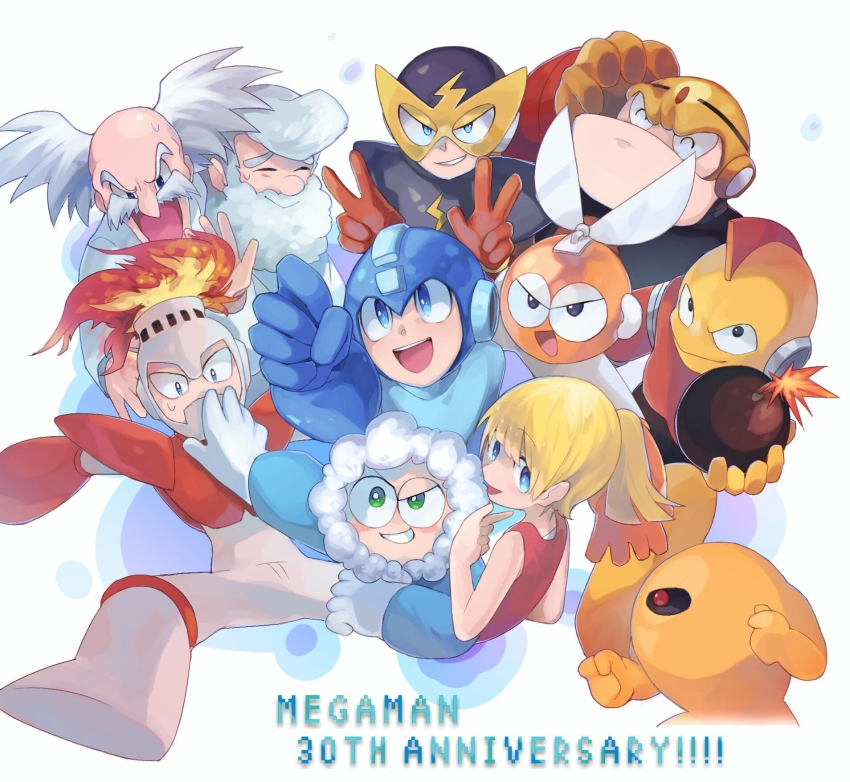 1girl 6+boys ^_^ anniversary arm_cannon arm_up armor bald bare_shoulders beard black_eyes black_sclera blade blonde_hair blue_coat blue_eyes blue_headwear blue_shirt blush blush_stickers bodysuit bomb bomb_man boots breastplate chikichi child clenched_hand clenched_hands closed_eyes closed_mouth coat colored_sclera colored_skin copyright_name cut_man dr._light_(mega_man) dr._wily_(mega_man) dress elec_man english_text everyone explosive facial_hair fire fire_man from_behind fur-trimmed_hood fur_trim fuse gloves green_eyes grey_headwear grin guts_man hand_up hands_up happy helmet highres holding holding_bomb hood ice_man jpeg_artifacts knee_boots lab_coat lightning_bolt_symbol long_sleeves looking_back looking_up mask mega_man_(character) mega_man_(classic) mega_man_(series) mega_man_1 mohawk multiple_boys mustache old old_man one-eyed open_mouth orange_gloves orange_skin outstretched_arm parka pointing ponytail red_dress red_eyes red_gloves red_hair rockman_(game) roll_(mega_man) scratching_head shiny_skin shirt short_hair shoulder_armor sidelocks simple_background sleeveless sleeveless_dress smile spread_legs sweat teeth uneven_eyes v vambraces w weapon white_background white_bodysuit white_coat white_footwear white_gloves white_hair yellow_devil_(mega_man) yellow_gloves yellow_headwear yellow_skin