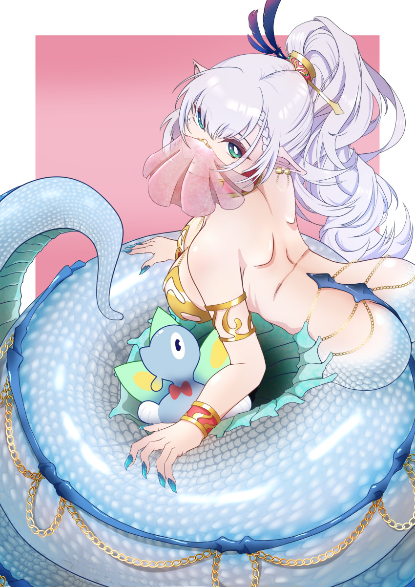 1girl absurdres back bikini blue_nails border bracelet braid breasts bright_pupils chain chinese_zodiac da_4289 ear_piercing fingernails gold_armlet gold_bikini gold_bracelet gold_chain green_eyes halterneck high_ponytail highres hololive hololive_indonesia jewelry lamia large_breasts long_fingernails long_tongue looking_at_viewer monster_girl monsterification mouth_veil outside_border pavolia_reine piercing pink_background pointy_ears ponytail scales shoulder_blades solo swimsuit tongue veil virtual_youtuber white_border white_hair white_pupils year_of_the_snake