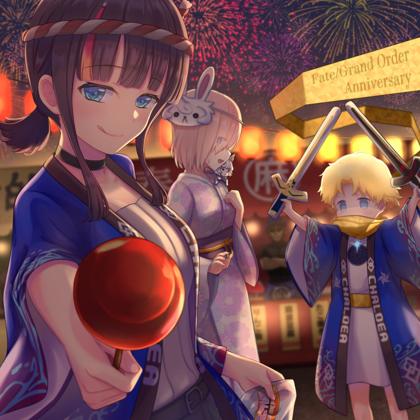 1boy 2girls black_hair blonde_hair blue_eyes blue_kimono blunt_bangs blush breasts candy_apple choker fate/grand_order fate/requiem fate_(series) fireworks floral_print food fou_(fate) hair_over_one_eye highres inflatable_toy iro_tsukikusa japanese_clothes kimono large_breasts licking_lips light_purple_hair long_sleeves looking_at_viewer low_twintails mash_kyrielight mash_kyrielight_(fgo_fes._2023) mask medium_hair multicolored_hair multiple_girls open_clothes open_mouth outstretched_arm pink_hair purple_eyes sash short_hair short_twintails sidelocks smile streaked_hair tongue tongue_out toy_sword twintails utsumi_erice utsumi_erice_(fgo_fes._2023) voyager_(fate) white_kimono wide_sleeves