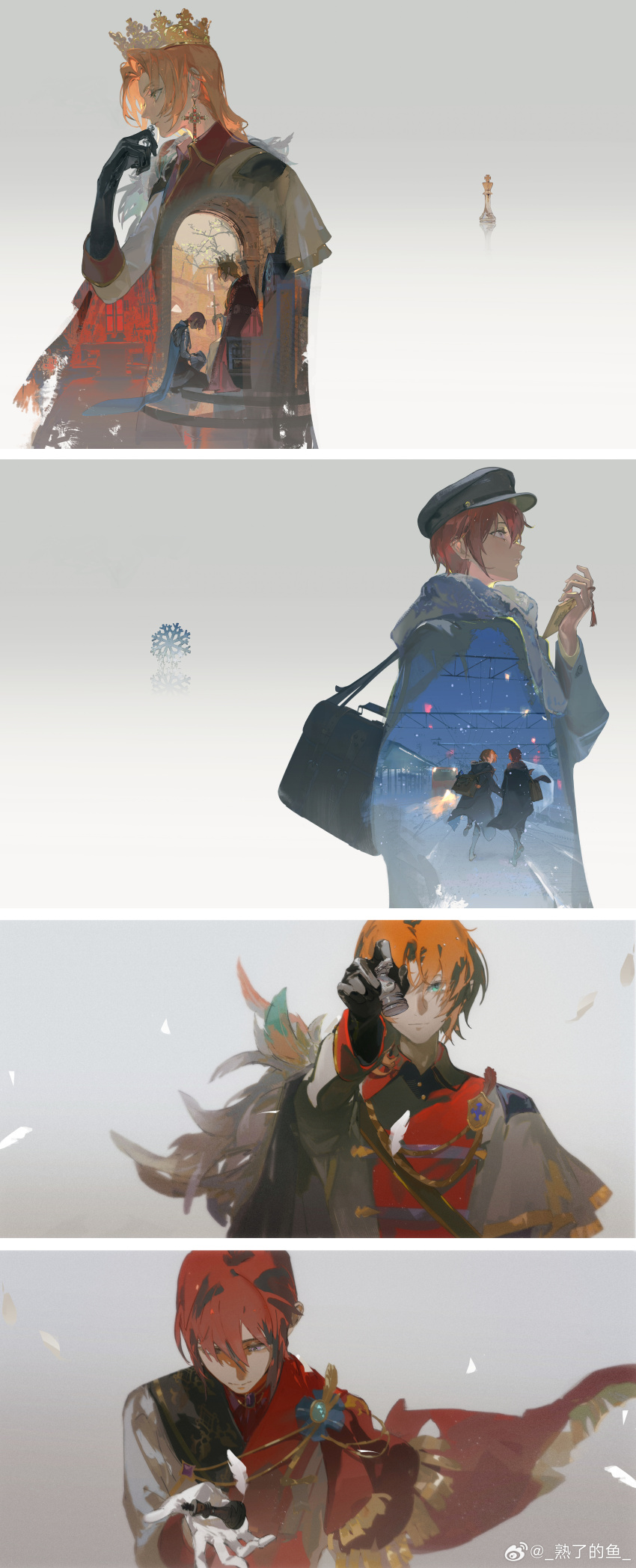 2boys absurdres bag cape chess_piece coat crown earrings ensemble_stars! fur-trimmed_cape fur_trim gloves green_eyes grey_background hat highres holding holding_chess_piece jacket jewelry long_sleeves male_focus medium_hair multiple_boys orange_hair ponytail purple_eyes red_hair shirt short_hair shule_de_yu smile snowing suou_tsukasa train tsukinaga_leo watermark weibo_watermark winter