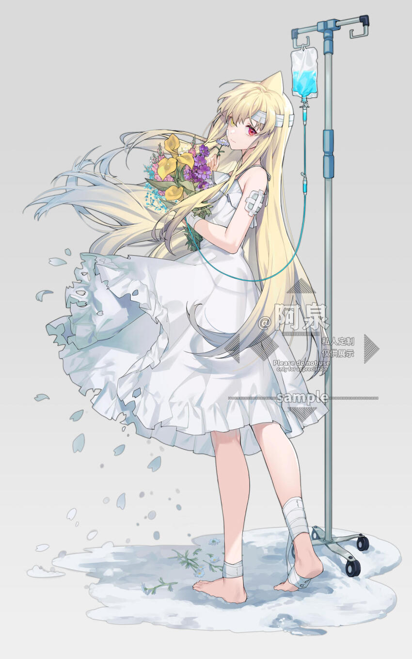 1girl bandaged_arm bandaged_head bandaged_leg bandages barefoot bilibili_956501 blonde_hair blue_flower dress falling_petals flower frilled_dress frills full_body heterochromia highres holding holding_flower indie_virtual_youtuber iv_stand kaofish long_hair looking_at_viewer petals pink_flower purple_flower red_eyes sample_watermark signature sleeveless snow standing very_long_hair watermark white_background white_dress yellow_eyes yellow_flower