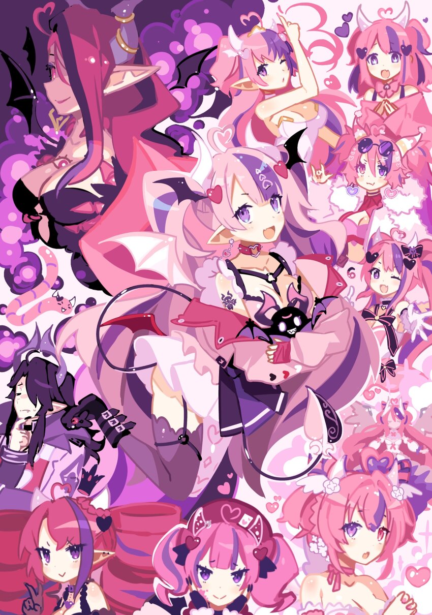 1boy 1girl absurdres ahoge anzu_(anzuhan) asymmetrical_legwear beret black_footwear black_hair black_nails black_wings boots breasts bubi_(ironmouse) cleavage coat creature demon_boy demon_girl demon_horns demon_tail demon_wings detached_sleeves drill_hair earrings fang fingerless_gloves flower frilled_gloves frills fur_coat gloves hair_flower hair_intakes hair_ornament hair_over_one_eye harness hat heart heart_ahoge heart_hair_ornament heart_o-ring heart_ring_choker heterochromia highres holding holding_creature horns ironmouse ironmouse_(15th_costume) ironmouse_(1st_costume) ironmouse_(fallen_angel) ironmouse_(race_queen) ironmouse_(trickstar) ironmouse_(underworld_goddess) ironmouse_(wonderland_reject) jewelry long_hair looking_at_viewer medium_breasts mismatched_legwear multicolored_hair multicolored_skirt multiple_persona neck_ribbon o-ring o-ring_choker o-ring_harness off-shoulder_shirt off_shoulder open_mouth parted_hair pink_eyes pink_hair pink_nails pink_ribbon pointy_ears purple_eyes purple_hair red_horns ribbon shirt skin_fang skirt smile streaked_hair striped_horns tail third_eye_on_chest tiara twin_drills twintails two_side_up v very_long_hair virtual_youtuber vshojo vshojo_idol_uniform white_gloves white_horns white_wings wings worm