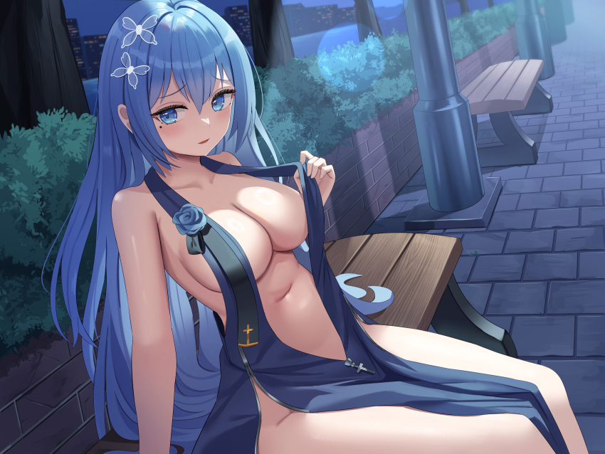 1girl absurdres bench blue_eyes blue_hair breasts brick_wall building butterfly_hair_ornament city collarbone dress hair_between_eyes hair_ornament highres lamppost large_breasts long_hair looking_at_viewer mirufuaa mole mole_under_eye navel night no_bra no_panties original park park_bench pelvic_curtain revealing_clothes sideboob sidelocks sitting solo underboob very_long_hair