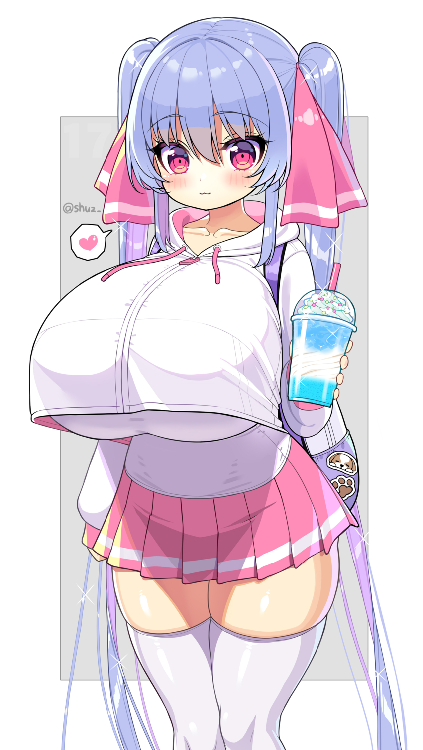 1girl :3 blue_hair blush breasts cup curvy disposable_coffee_cup disposable_cup drinking_straw food hair_ribbon heart highres holding holding_cup huge_breasts impossible_clothes impossible_shirt long_eyelashes long_hair oppai_loli original red_eyes ribbon riko_(shuz) shiny_clothes shiny_legwear shirt shuz_(dodidu) skirt solo spoken_heart thighhighs twintails very_long_hair