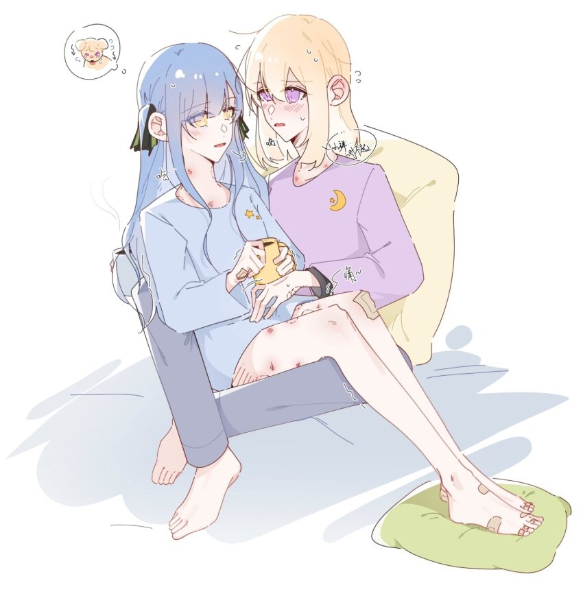 2girls animalization asteriatumia bandaid bandaid_on_foot bang_dream! bang_dream!_it&#039;s_mygo!!!!! barefoot bite_mark bite_mark_on_hand bite_mark_on_neck bite_mark_on_thigh blonde_hair blue_hair blue_shirt chinese_commentary coffee_mug commentary_request cup dog flying_sweatdrops green_ribbon grey_pants hair_ribbon highres holding holding_cup long_hair long_sleeves medium_hair misumi_uika mug multiple_girls pants pillow purple_hair purple_shirt ribbon shirt simple_background sitting sitting_on_lap sitting_on_person speech_bubble steam thought_bubble toes togawa_sakiko two_side_up white_background yuri