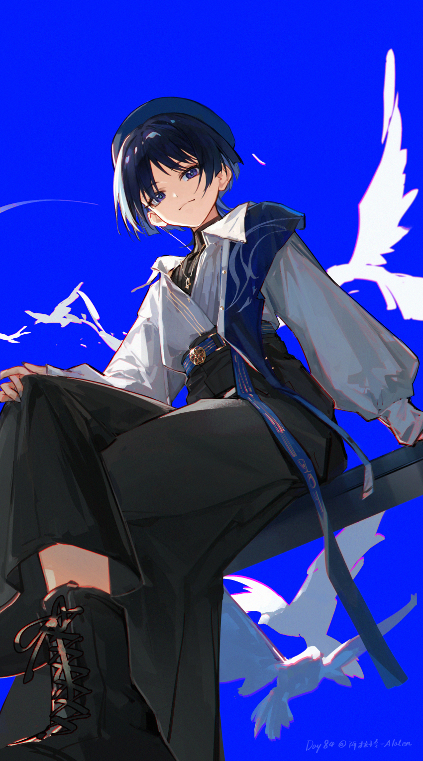 1boy absurdres alalen alternate_costume arm_at_side arm_support beret bird black_boots black_hair black_pants black_shirt black_undershirt blue_eyes blue_hat blue_shawl blue_sky blunt_ends boots closed_mouth colored_inner_hair crossed_legs dove eyeliner eyeshadow from_below genshin_impact grey_hair hand_on_own_knee hat highres lace-up_boots long_sleeves looking_at_viewer looking_down makeup male_focus multicolored_hair official_alternate_costume pants partially_unbuttoned red_eyeliner red_eyeshadow scaramouche_(genshin_impact) shawl shirt shoulder_peek sitting sky smile solo turtleneck turtleneck_shirt wanderer_(genshin_impact) wanderer_(wanderer_impression)_(genshin_impact) white_shirt white_sleeves wing_collar