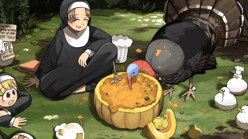 3girls baby_animal bird blonde_hair blue_eyes book brown_hair chef_hat chicken closed_eyes clumsy_nun_(diva) commentary diva_(hyxpk) duck duckling english_commentary froggy_nun_(diva) habit hat highres hungry_nun_(diva) little_nuns_(diva) multiple_girls nun outdoors pumpkin sign slice_of_life traditional_nun turkey_(bird)