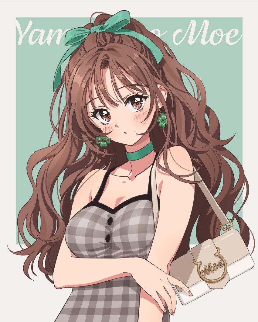 1girl bag bare_shoulders border breasts brown_eyes brown_hair camisole choker choppy_bangs cleavage collarbone commission four-leaf_clover_earrings green_choker green_ribbon grey_camisole hair_ribbon handbag highres large_breasts long_hair looking_at_viewer moya_(toatomoot) original outside_border plaid_clothes plaid_shirt ribbon shirt sidelocks skeb_commission sleeveless sleeveless_shirt solo upper_body wavy_hair white_border