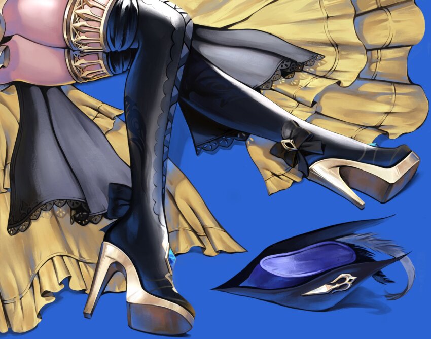 1girl black_boots blue_background blue_hat boots genshin_impact hat high_heel_boots high_heels highres knees_together_feet_apart lower_body lunart lying navia_(genshin_impact) on_side pleated_skirt shoe_soles simple_background skirt solo thighs tricorne yellow_skirt