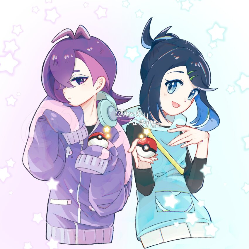 2girls :d black_hair black_shirt blue_eyes blue_hair blue_hoodie closed_mouth colored_inner_hair dot_(pokemon) hair_bun hair_ornament hair_over_one_eye hairclip headphones headphones_around_neck highres holding holding_poke_ball hood hoodie jacket kiri8211 light_frown liko_(pokemon) long_sleeves looking_at_viewer medium_hair multicolored_hair multiple_girls nintendo open_mouth pink_hair poke_ball poke_ball_(basic) pokemon pokemon_(anime) pokemon_horizons purple_eyes purple_hair purple_jacket shirt sleeveless sleeveless_hoodie sleeves_past_fingers sleeves_past_wrists smile star_(symbol) twitter_username two-tone_hair