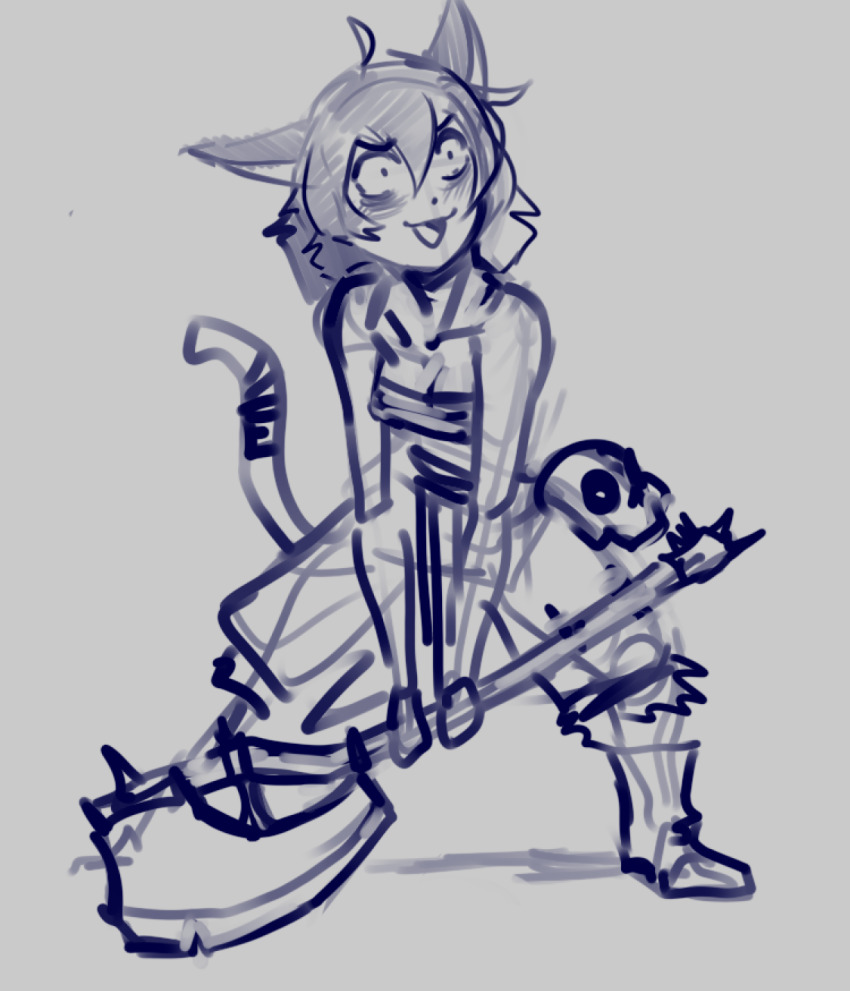 1girl ahoge animal_ears arbuz_budesh armored_boots axe boots cat_ears cat_girl cat_tail crazy_eyes highres nathy short_hair sketch tail unfinished warhammer weapon