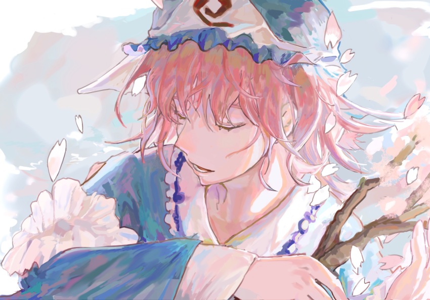 1girl ashashio blue_background blue_hat blue_shirt branch chinese_commentary closed_eyes commentary_request hat highres holding holding_branch long_sleeves medium_hair mob_cap open_mouth petals pink_hair saigyouji_yuyuko shirt solo touhou triangular_headpiece upper_body
