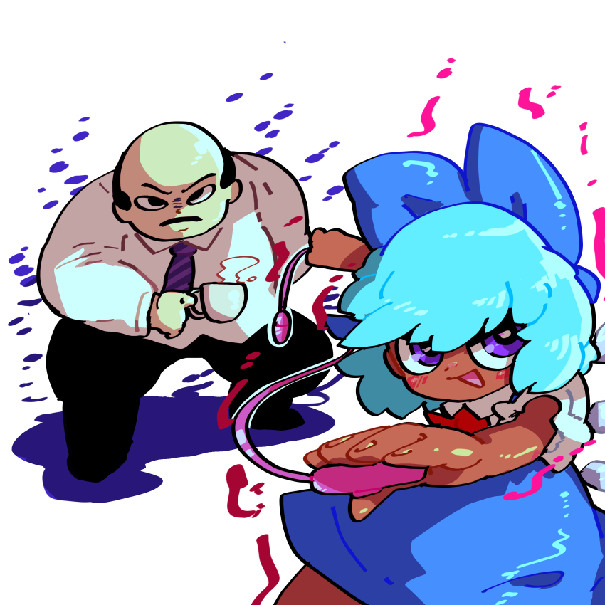 1boy 1girl absurdres annyui_(cookie) balding black_hair black_pants blue_dress blue_hair cirno collared_shirt commentary_request cookie_(touhou) cowboy_shot cup dark-skinned_female dark_skin dildo dress highres holding holding_cup holding_sex_toy ice ice_wings looking_at_viewer manatsu_no_yo_no_inmu muimui_(4242564muimui) necktie open_mouth pants purple_eyes purple_necktie remote_control_vibrator sex_toy shirt short_hair smile striped_necktie takeda_shingen_(inmu) teacup touhou vibrator white_background white_shirt wings