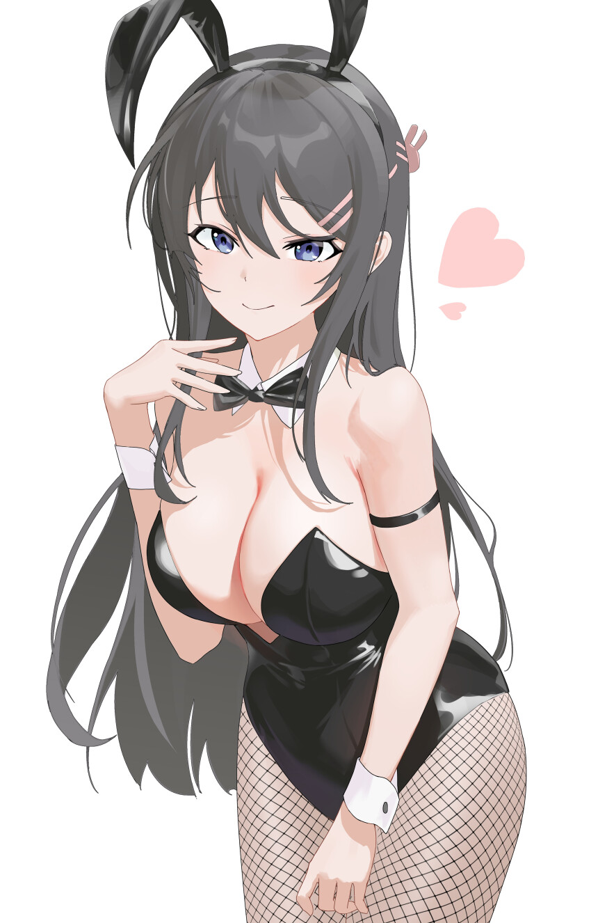 1girl absurdres animal_ears armlet black_bow black_bowtie black_leotard blue_eyes bow bowtie closed_mouth commentary_request cowboy_shot demonwarlock fake_animal_ears fishnets hair_between_eyes hair_ornament hairclip heart highres jewelry leotard looking_at_viewer playboy_bunny rabbit_ears sakurajima_mai seishun_buta_yarou simple_background solo strapless strapless_leotard white_background