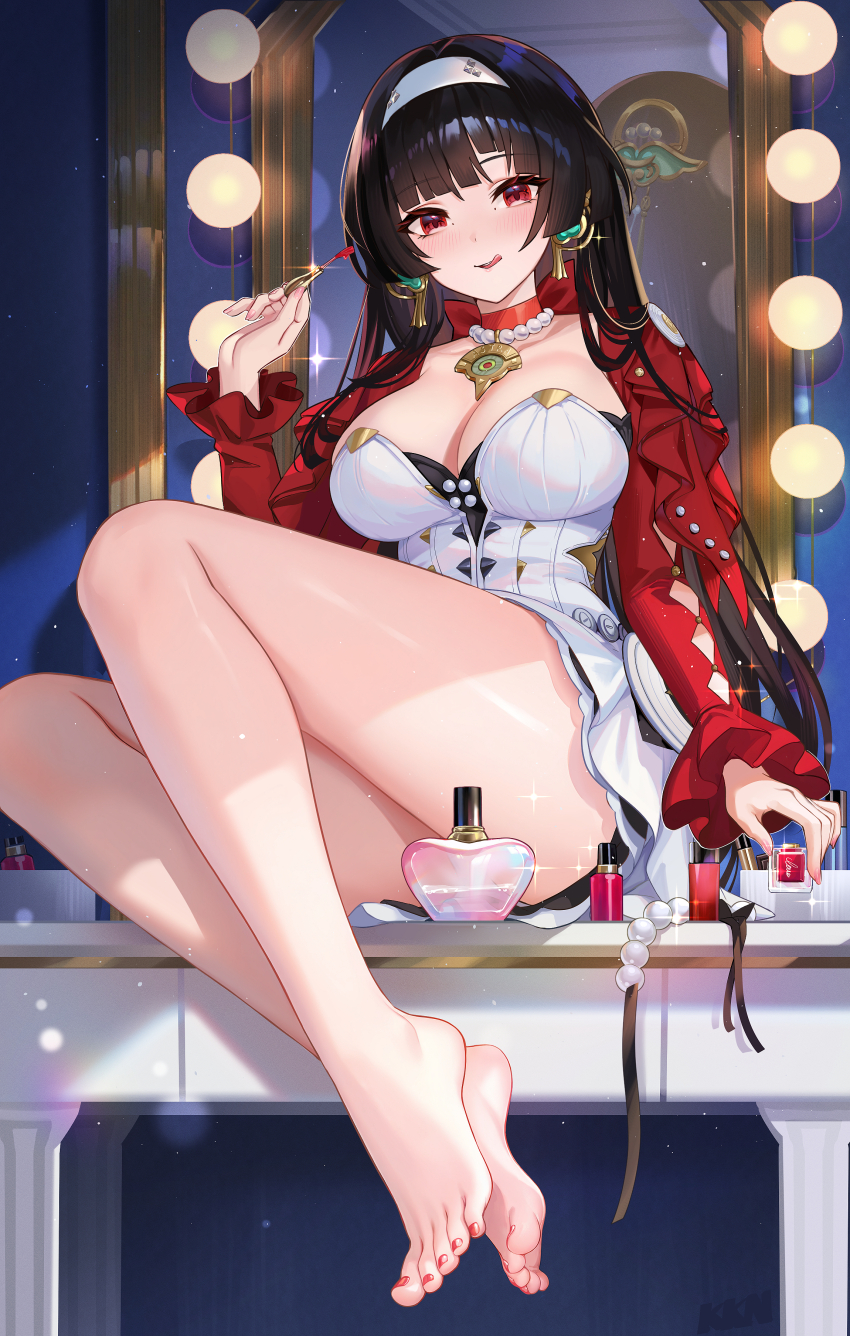 1girl absurdres astra_yao bare_legs barefoot black_hair blunt_bangs blush breasts commentary_request dress earrings feet hairband highres jacket jewelry lalazyt large_breasts legs long_hair nail_polish necklace open_mouth red_eyes red_jacket red_nails smile thighs toenail_polish toenails toes white_dress white_hairband zenless_zone_zero