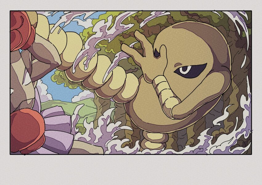 2boys black_sclera blocking border boxing_gloves colored_sclera dust evolutionary_line forest gen_1_pokemon grey_border highres hitmonchan hitmonlee kicking male_focus multiple_boys nature nintendo onamuzi_illust pokemon pokemon_(creature) tree