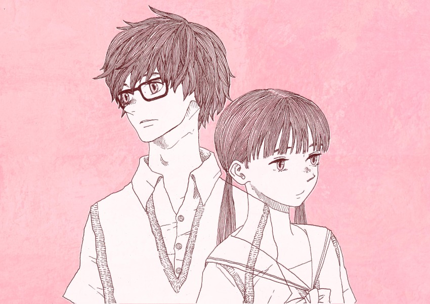 1boy 1girl absurdres commentary_request glasses hatching_(texture) highres kawamoto_hinata kiriyama_rei linear_hatching long_hair looking_to_the_side pink_background sangatsu_no_lion school_uniform twintails yonezu_kenshi