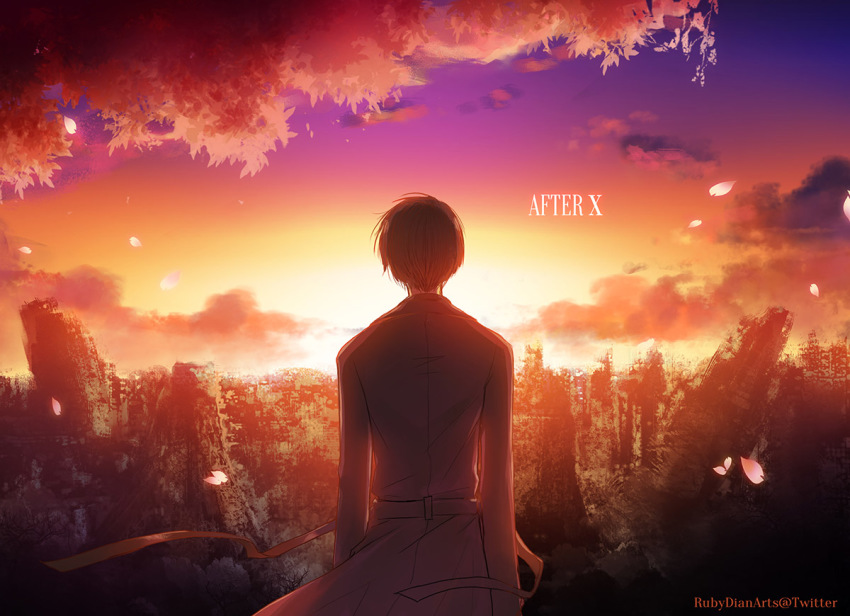 1boy artist_name black_hair city cloud coat destroyed english_text evening from_behind multicolored_sky petals rubydian sky solo sumeragi_subaru sunlight sunset tree twilight twitter_username x_(manga)