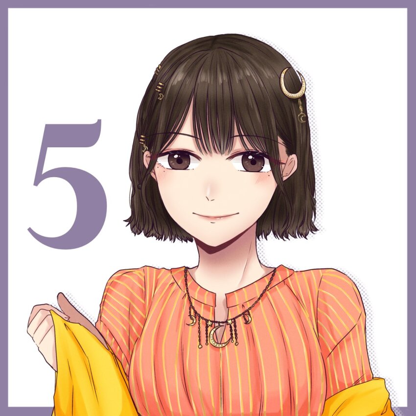1girl actor arm_at_side blush border brown_eyes brown_hair closed_mouth commentary countdown crescent crescent_hair_ornament crescent_necklace drop_shadow hair_ornament halftone hand_up highres ishii_haruna jewelry looking_at_viewer mole mole_under_eye necklace nigari_(ngari_0115) orange_shirt outside_border purple_border real_life shawl shirt short_hair simple_background smile solo striped_clothes striped_shirt upper_body vertical-striped_clothes vertical-striped_shirt white_background yellow_shawl