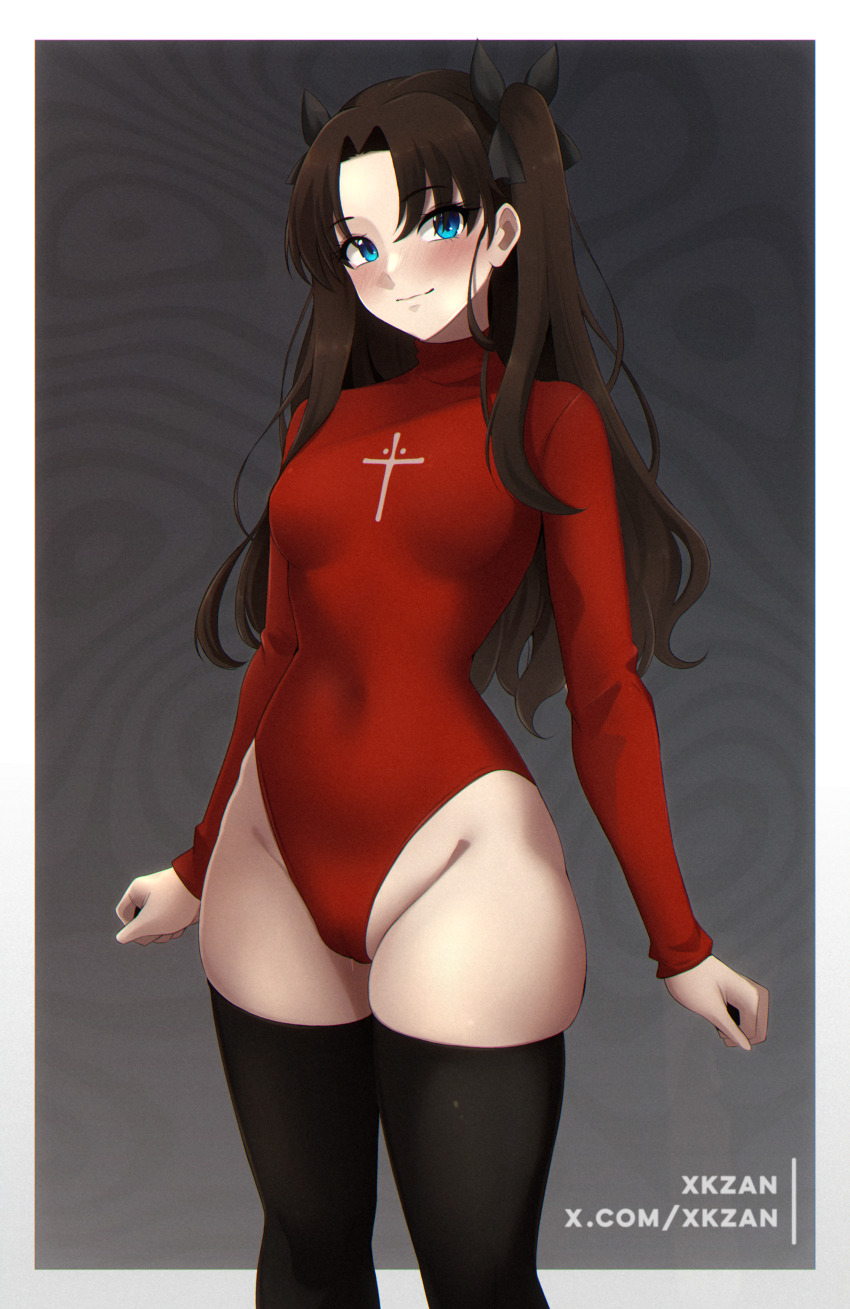 1girl absurdres adapted_costume black_hair black_ribbon black_thighhighs blue_eyes blush border bow breasts closed_mouth covered_navel cowboy_shot cross cross_print curvy embarrassed fate/stay_night fate_(series) gradient_background groin hair_bow hair_ornament hair_ribbon heattech_leotard highleg highleg_leotard highres leotard long_hair long_sleeves looking_at_viewer medium_breasts mons_pubis nose_blush paid_reward_available parted_bangs pussy_juice red_leotard ribbon sidelocks skin_tight skindentation sleeved_leotard smile solo standing thick_thighs thighhighs thighs tohsaka_rin tsundere turtleneck twintails twitter_username two_side_up xkzan