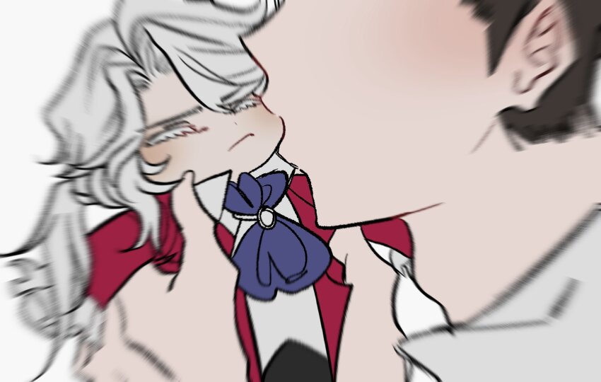 2boys :/ adam&#039;s_apple ascot biting biting_cheek black_hair blue_ascot blurry_edges blush brooch closed_eyes closed_mouth coat curtained_hair emphasis_lines frederick_kreiburg frilled_sleeves frills gl0wdin0_prem head_out_of_frame highres holding holding_mini_person identity_v jewelry korean_commentary long_hair long_sleeves low_ponytail male_focus mini_person miniboy multiple_boys orpheus_(identity_v) ponytail red_coat shirt short_hair swept_bangs upper_body white_shirt