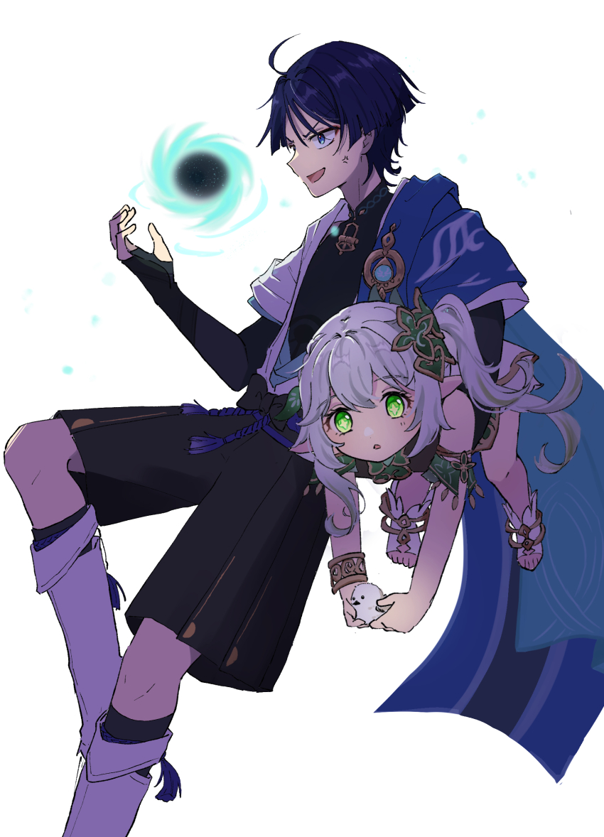 1boy 1girl absurdres ahoge anemo_symbol_(genshin_impact) anger_vein animal anklet armlet armor backlighting belt bird black_belt black_bodysuit black_bow black_bridal_gauntlets black_hair black_leggings black_shorts blue_cape blue_eyes blue_gemstone blue_kimono blue_sleeves blunt_ends bodysuit bow bracelet bridal_gauntlets cape carrying carrying_person carrying_under_arm detached_sleeves dress eyeliner eyeshadow furisode gem genshin_impact gold_trim green_eyes green_hair green_sleeves hair_between_eyes hair_ornament hakama hakama_shorts half_crown_braid han&#039;eri hand_up heart heart_hair_ornament highres holding holding_animal japanese_armor japanese_clothes jewelry kimono knee_up kote kurokote layered_kimono layered_sleeves leaf leaf_hair_ornament leg_warmers leggings long_hair looking_at_viewer looking_to_the_side makeup mandarin_collar multicolored_hair nahida_(genshin_impact) open_clothes open_hand open_kimono open_mouth pleated_shorts pointy_ears purple_rope purple_sash red_eyeliner red_eyeshadow rope rururunogame_1 sash scaramouche_(genshin_impact) short_sleeves shorts shoulder_peek side_ponytail sidelocks sideways_mouth socks streaked_hair tareme tassel toeless_socks toes v-shaped_eyebrows vision_(genshin_impact) vortex wanderer_(genshin_impact) white_background white_dress white_hair white_kimono white_leg_warmers white_sleeves white_socks white_trim wind