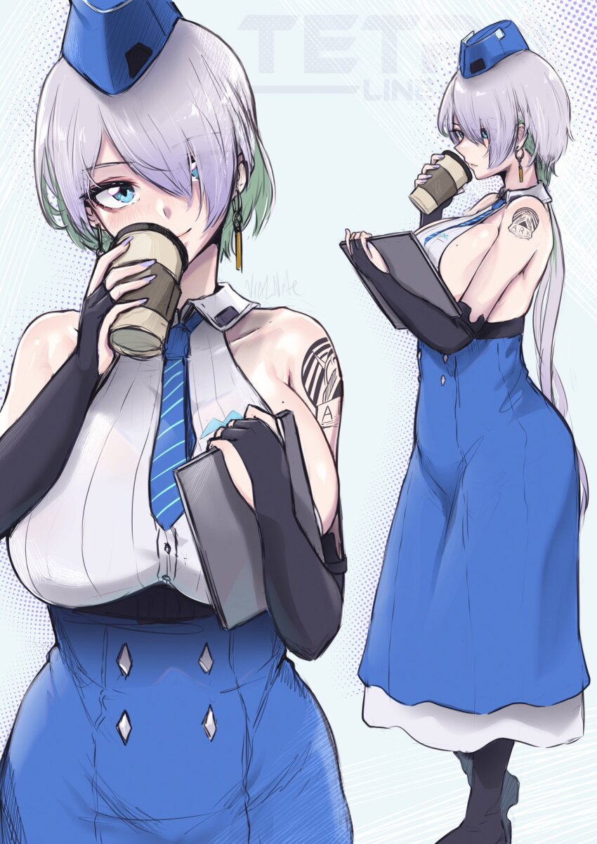 1girl backless_shirt bare_shoulders black_footwear blue_eyes blue_hat blue_necktie blue_skirt breasts brid_(nikke) bridal_gauntlets closed_mouth collared_shirt colored_inner_hair commentary cup disposable_coffee_cup disposable_cup earrings english_commentary floating_earrings from_side full_body garrison_cap goddess_of_victory:_nikke green_hair grey_hair hair_over_one_eye hat high-waist_skirt highres holding holding_tablet_pc jewelry large_breasts long_hair long_skirt looking_at_viewer low-tied_long_hair mole mole_on_breast multicolored_hair multiple_views necktie purple_nails shirt shoulder_tattoo sideboob sideless_shirt skirt smile striped_necktie tablet_pc tattoo vialnite white_shirt