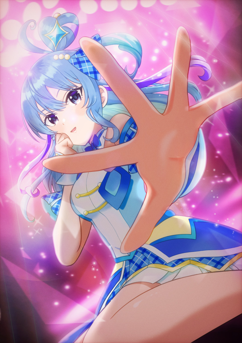 1girl asukamama89 bare_legs bare_shoulders blue_bow blue_bowtie blue_dress blue_eyes blue_hair blue_wrist_cuffs bow bowtie breasts brooch collar color_connection commentary cosplay cure_wink cure_wink_(cosplay) detached_collar detached_sleeves double-parted_bangs dress dutch_angle feet_out_of_frame hair_bobbles hair_ornament hand_on_own_cheek hand_on_own_face headset heart heart-shaped_hair heart_brooch highres hololive hoshimachi_suisei idol idol_heart_brooch_(precure) jewelry kimi_to_idol_precure light_particles long_hair looking_at_viewer magical_girl medium_breasts multicolored_hair open_hand outstretched_hand parted_lips plaid_bow plaid_clothes plaid_dress plaid_sleeves pleated_dress precure purple_streaks reaching reaching_towards_viewer sitting smile solo spread_fingers stage stage_lights star_(symbol) star_in_eye strapless strapless_dress streaked_hair symbol_in_eye tsurime virtual_youtuber wariza white_collar wrist_cuffs