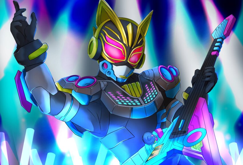 1girl animal_ears axe beat_axe beat_buckle belt black_background black_bodysuit bodysuit cat_ears clenched_hand desire_driver rider_belt earpiece glowing glowing_eyes guitar highres holding holding_instrument instrument kamen_rider kamen_rider_geats_(series) kamen_rider_na-go keytar looking_at_viewer microphone miyabi_(037) music pink_eyes playing_instrument raise_buckle sparkle tokusatsu