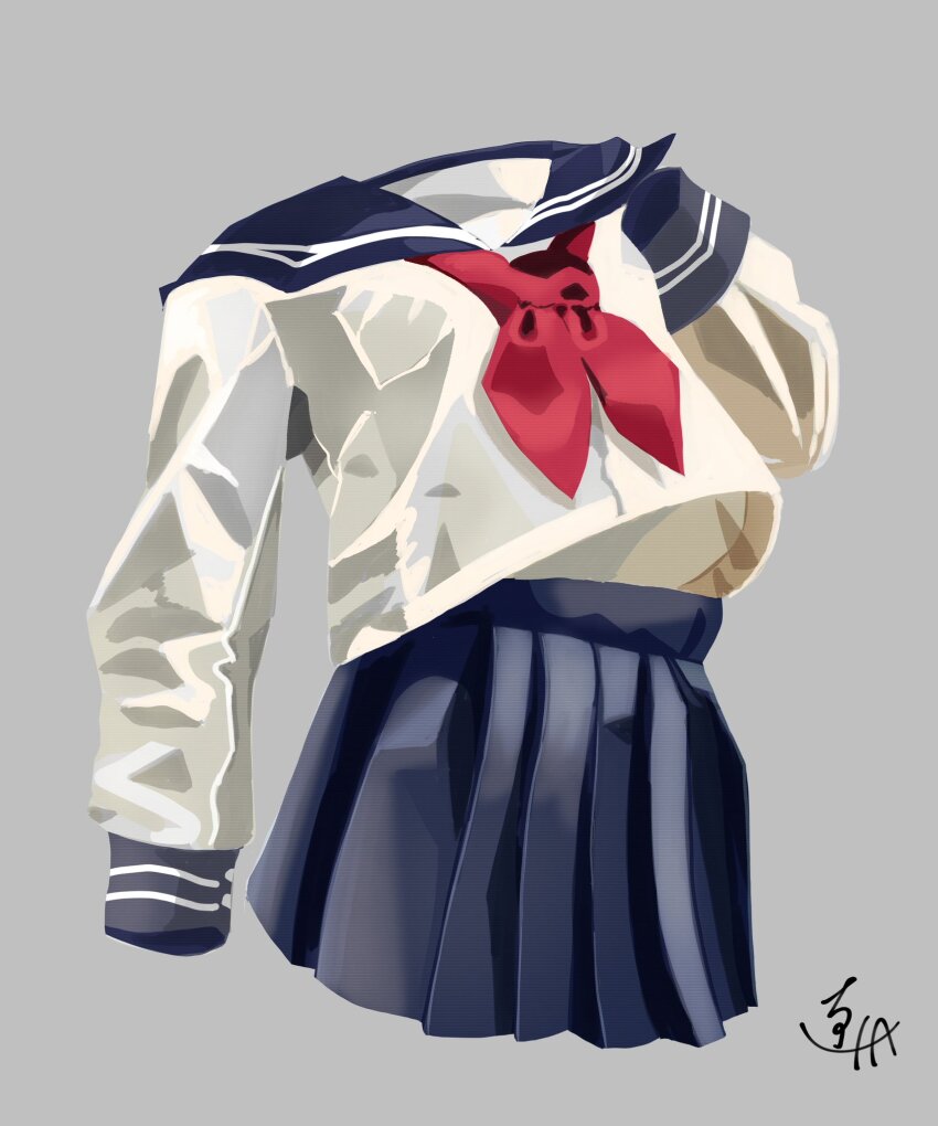 1girl blue_sailor_collar blue_skirt dai_roku_ten_mao grey_background highres invisible neckerchief original pleated_skirt red_neckerchief sailor_collar school_uniform serafuku shirt simple_background skirt solo white_shirt