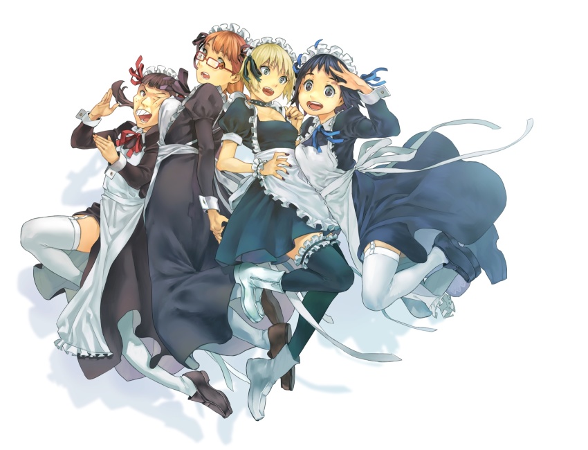 4girls apron arashiyama_hotori black_choker black_dress black_eyes black_footwear black_hair black_nails black_ribbon black_thighhighs blonde_hair blue_eyes blue_ribbon blunt_bangs boots braid breasts brown_footwear brown_hair choker commentary_request dress drop_shadow fighting_stance flat_chest frilled_apron frilled_legwear frills full_body garter_straps glasses green_ribbon hands_up haribara_harue highres juliet_sleeves jumping kon_futaba loafers long_sleeves looking_at_viewer looking_to_the_side maid maid_headdress matsuura_kento medium_breasts medium_hair multiple_girls nail_polish neck_ribbon one_eye_closed open_mouth orange_hair pink_nails puffy_sleeves red-framed_eyewear red_eyes red_ribbon ribbon shoes short_hair simple_background small_breasts smile soredemo_machi_wa_mawatteiru spiked_choker spikes tatsuno_toshiko teeth thighhighs twin_braids twintails upper_teeth_only white_apron white_background white_footwear white_ribbon white_thighhighs wrist_cuffs